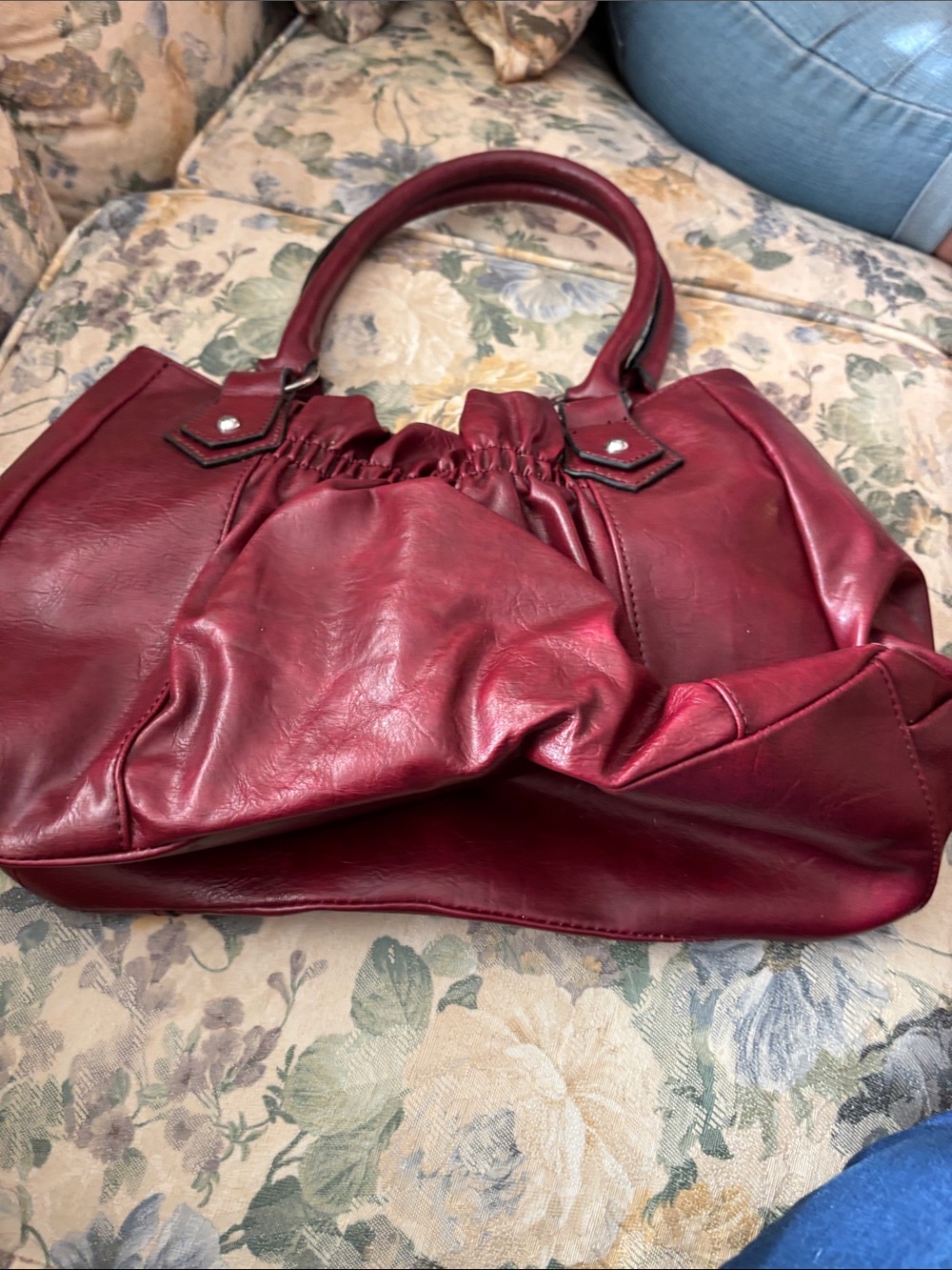 Red Leather Handbag with Brown Fabric Lining